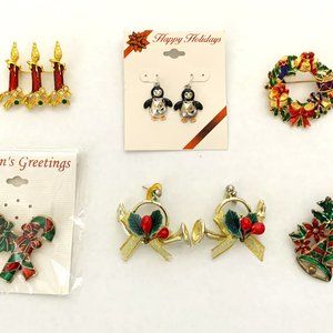 Lot of 6 Vintage Enameled Metal Christmas Earrings and Pins